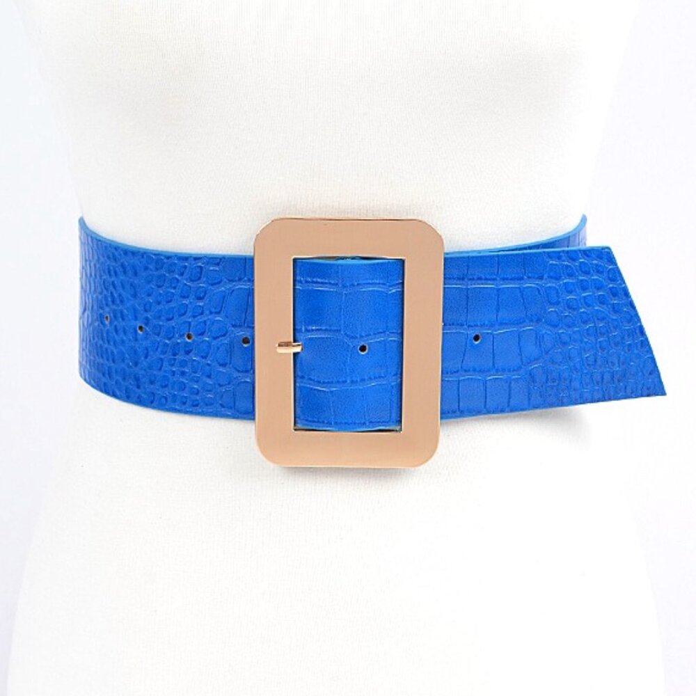 BNWT Croc Embossed Faux Leather Oversize Gold Buckle Wide Belt Fashion B…